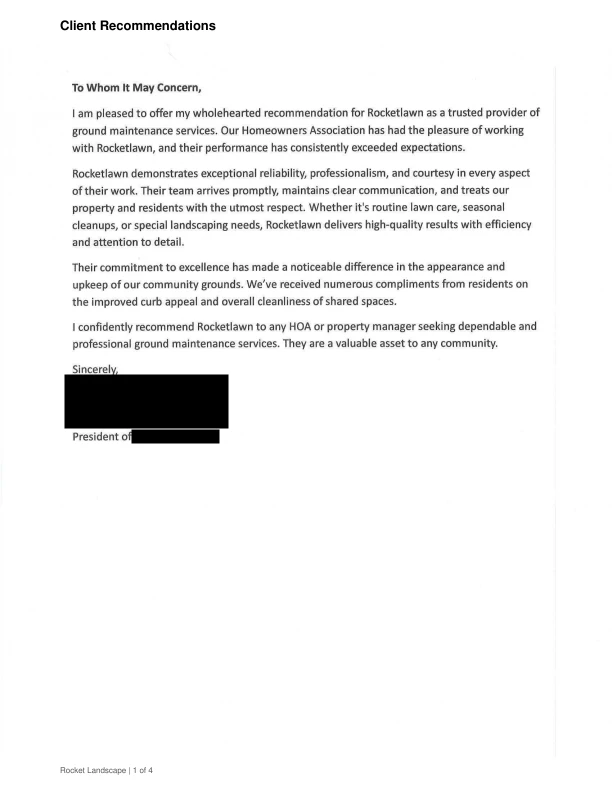 Preview of a client recommendation with private details redacted